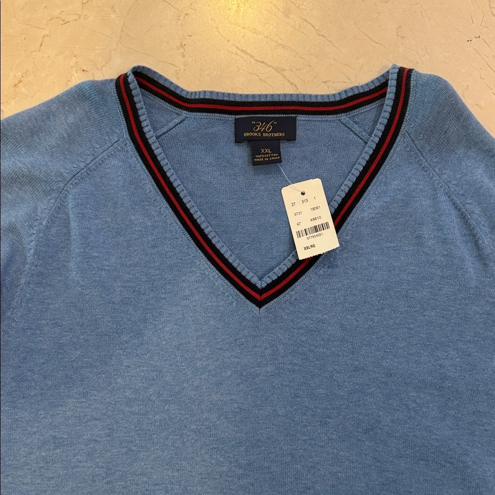 Brooks Brothers V-Neck Sweater in Blue with Red Trim - Picture 7 of 12